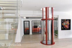 Vuelift Mini 3 stop with custom silver lacquer and red paint installed in Burlington Ontario by Savaria.